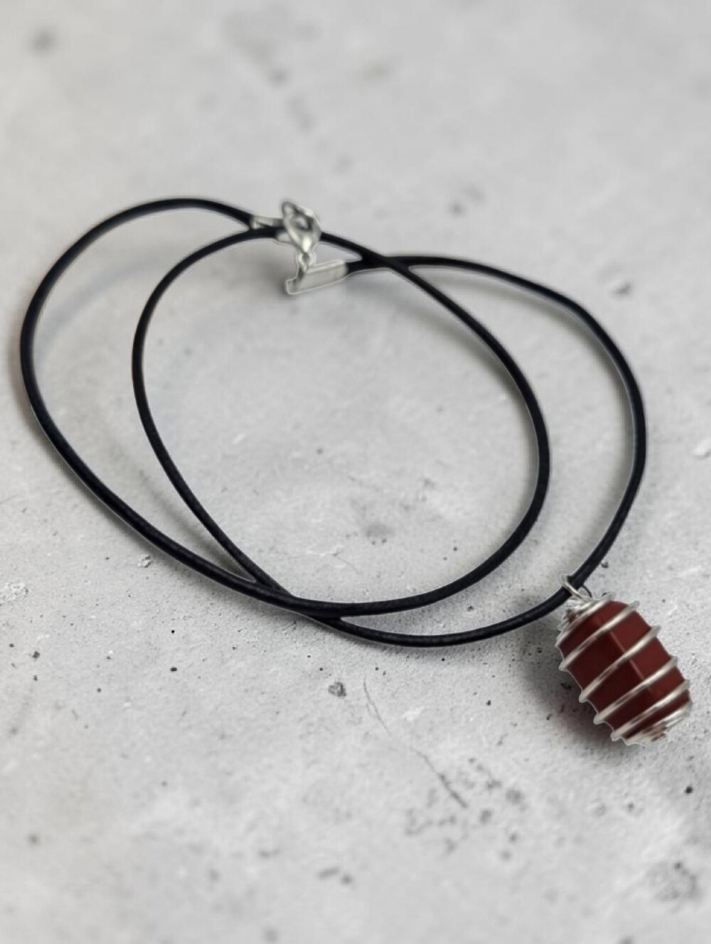 Handmade Red Jasper Stone Pendant in Silver Spiral Cage Necklace